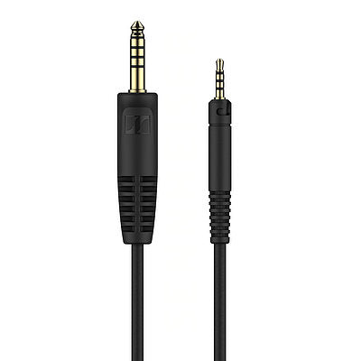Black audio cable with 3.5mm connectors on a white background