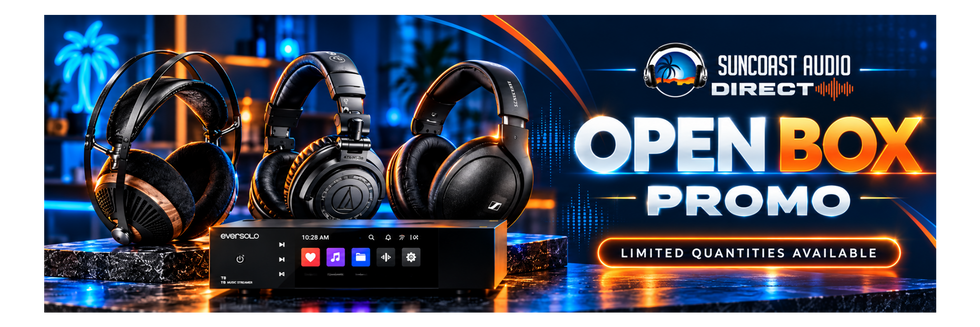 Promotional banner for Sun Coast Audio Direct featuring a black open box audio device and three black over-ear headphones with orange accents, set against a dark blue and orange graphic background with the text 'OPEN BOX PROMO'.